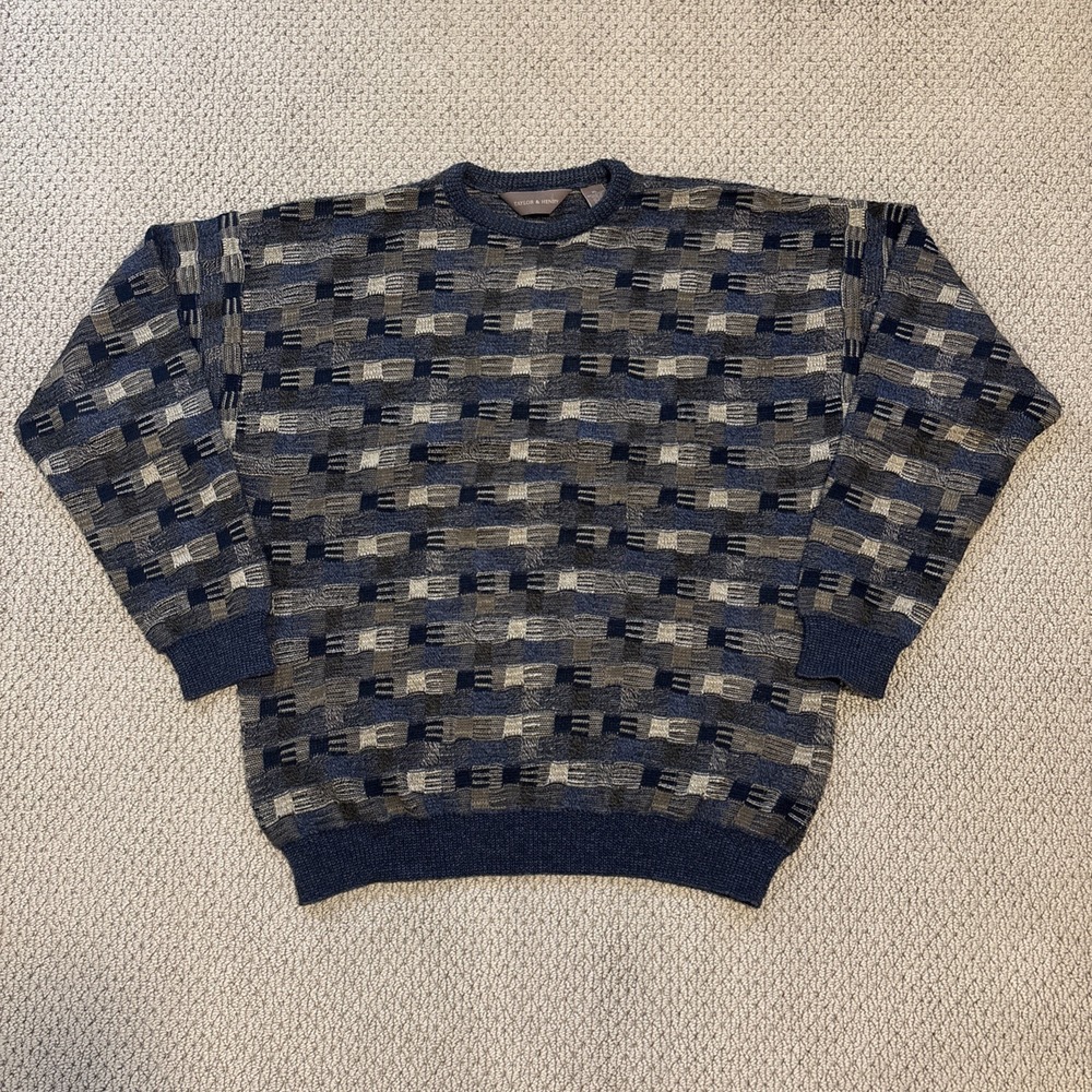 Vintage Cool Tones Blue Gray Textured Geometric Knit Sweater XL 90s Fall